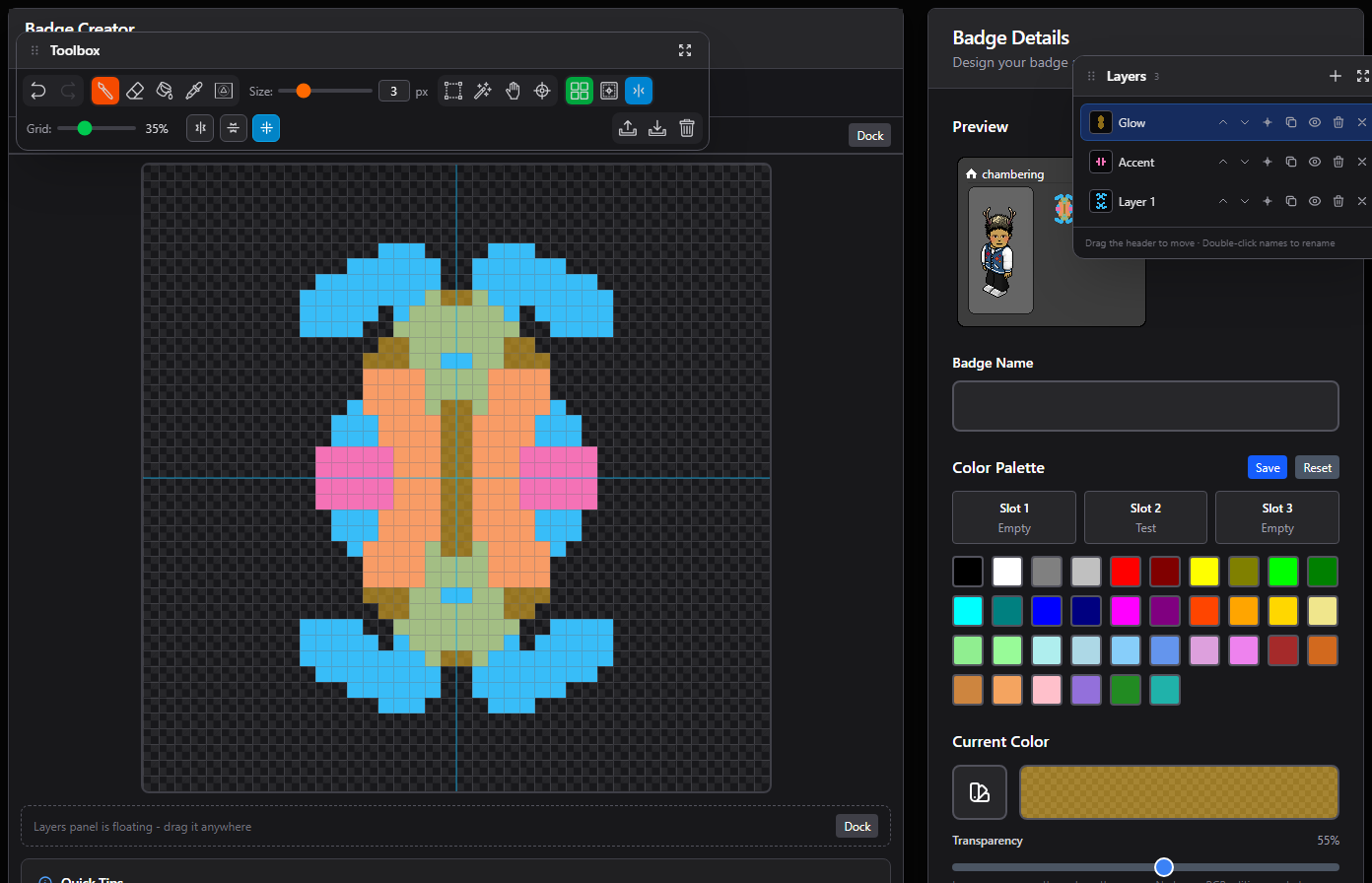 Badge Drawer with symmetry, layers, and transparency